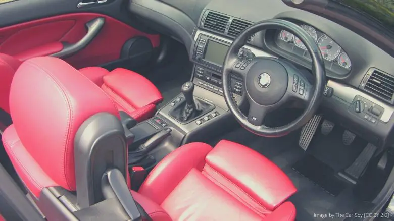 The red interior of a BMW E46 M3