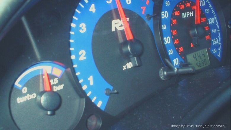 The speedometer and boost gauge of a Ford Focus RS