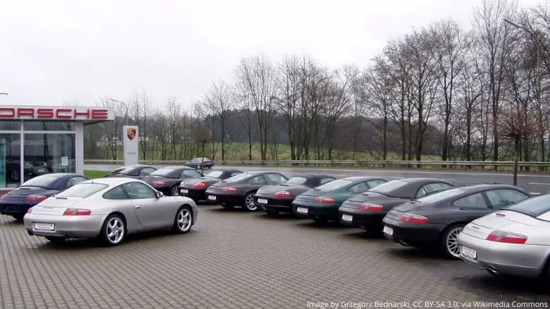 Porsche 996s at a dealership in 2002