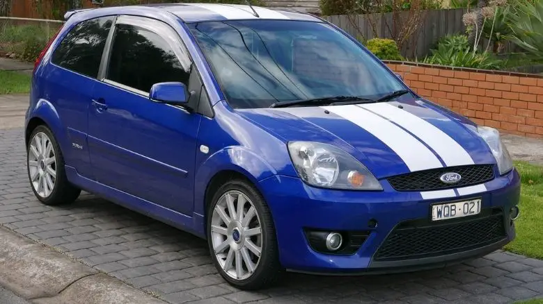 A blue Ford Fiesta ST with white stripes